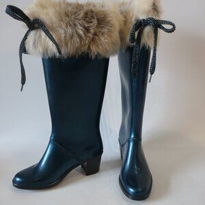 Womens Marc Jacobs Teal Faux Fur Rubber Tall Heeled Designer Rain Boot 38 US/7